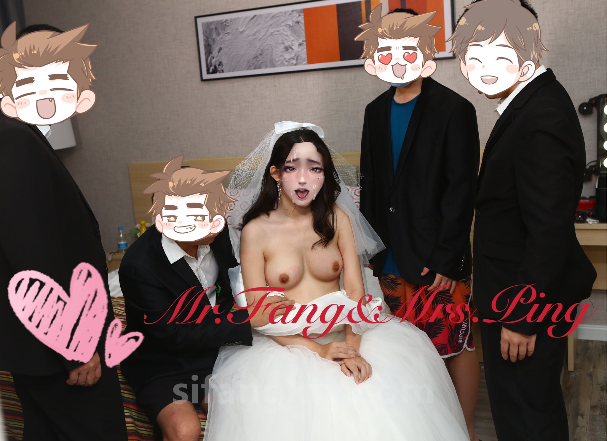 9月最新，群P場面極度淫亂！頭頂綠油油的男人找單位的4個男同事來幹自己的老婆【萍夫人】人妻少婦豐滿韻味十足，婚紗5P野戰